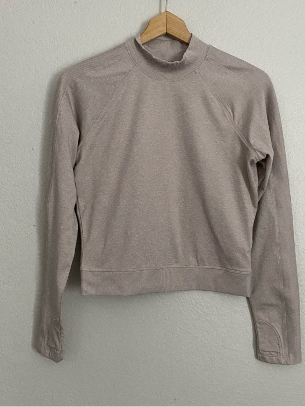 Old Navy Cozycore Cropped Top Women’s S Taupe Mock Neck Rib-Paneled Thumbholes